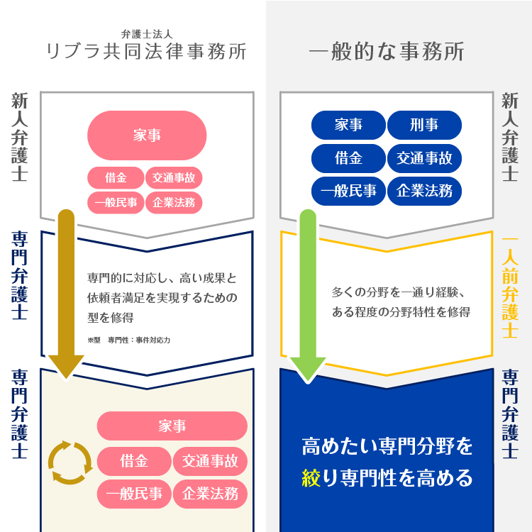 リブラ共同法律事務所の専門性について「早期に専門力を身に付け、早くから高いレベルで活躍できる弁護士を目指す」イメージ図